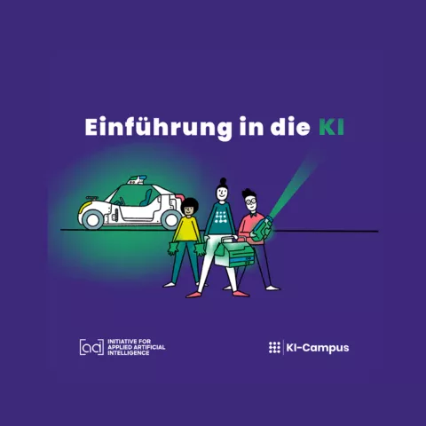 Symbolbild "Einführung in die KI", lila Hintergrund. Gezeichnete Menschen vor einem grün strahlenden Auto. Logos unten.