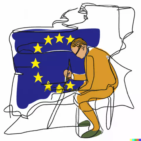 KI-erzeugte Zeichnung von DALL E. Ein Mensch sitzt auf einem Stuhl und zeichnet gelbe Sterne in eine Europaflagge. Textvorgabe an die KI: „Eine Person, die an der Zukunft Europas arbeitet