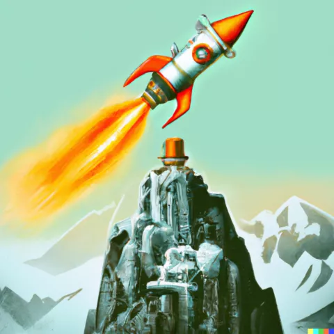 Eine mit DALL E computergeneriertes Bild einer startenden Rakete über einer schneebedeckten Bergspitze. Titel: "A rocket launches from a mountain peak with a robot digital art"