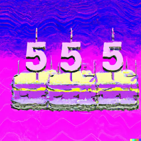 KI-erzeugtes Bild von DALL E mit intensiven Farben, stilisierten Kuchenstücken mit der Beschreibung "vaporwave of a birthday cake with 5 candles"
