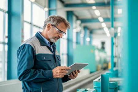 Older man in work clothes standing in a bright industrial building reading from a tablet.
