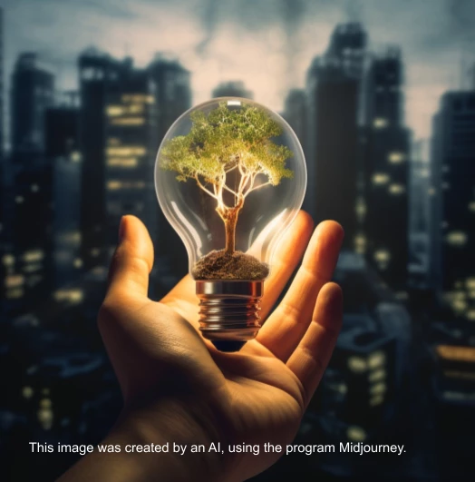 Lightbulb in the hand of a person in front of the skyline of a city