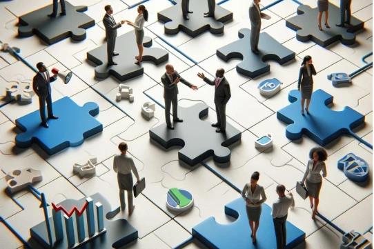 AI generated image that shows person on pieces of a puzzle to represent fragmented information