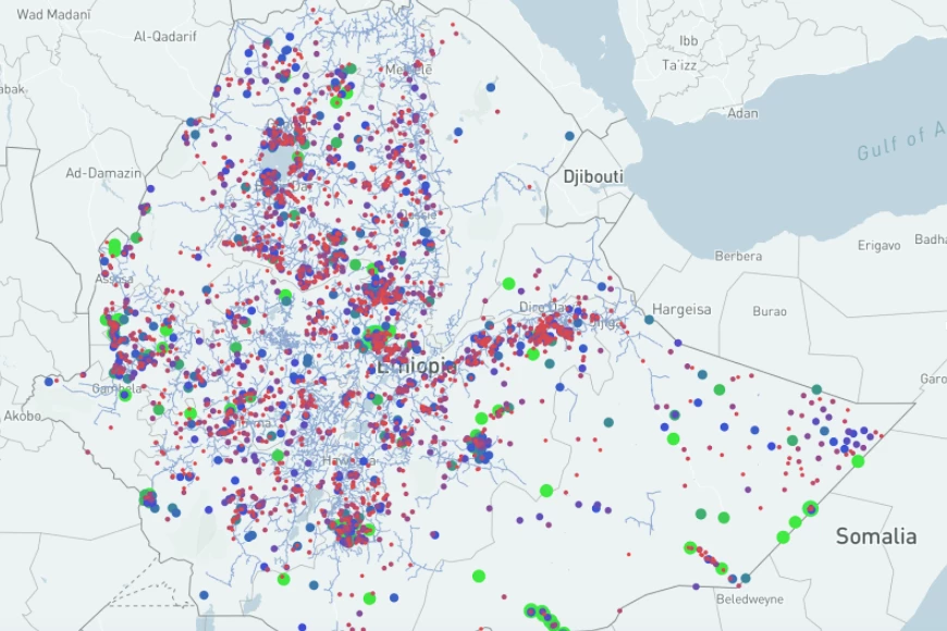 Ein Satellitenbild von Äthiopien, dass viele kleine bunte Datenpunkte enthält.